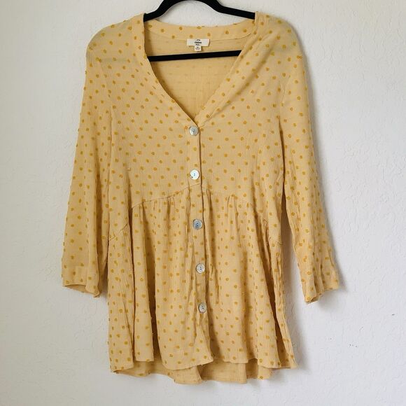 Entro Top Women M Sherbet Orange Mustard Dots Button Front Boho Peasant Flowy - Picture 1 of 8